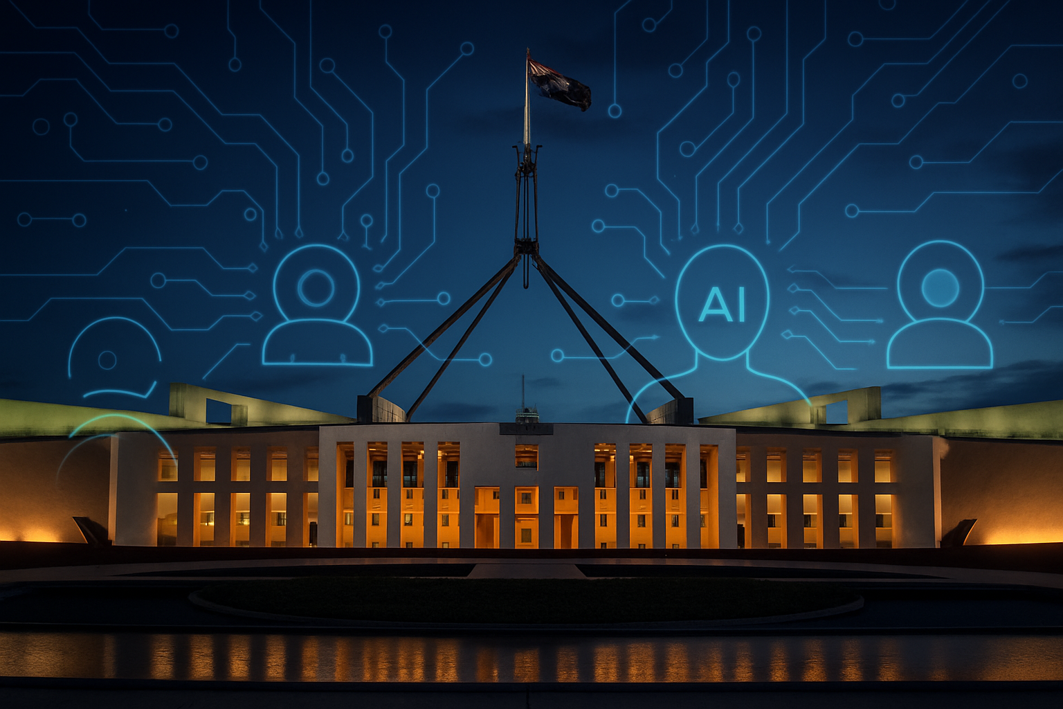 Australian Parliament House with a digital overlay representing artificial intelligence