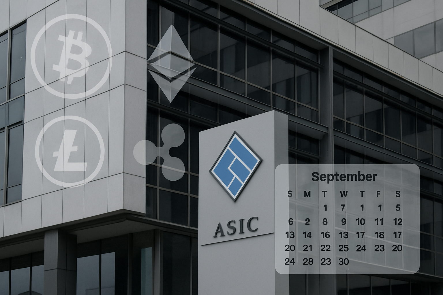 Close up of ASIC building and digital asset icons