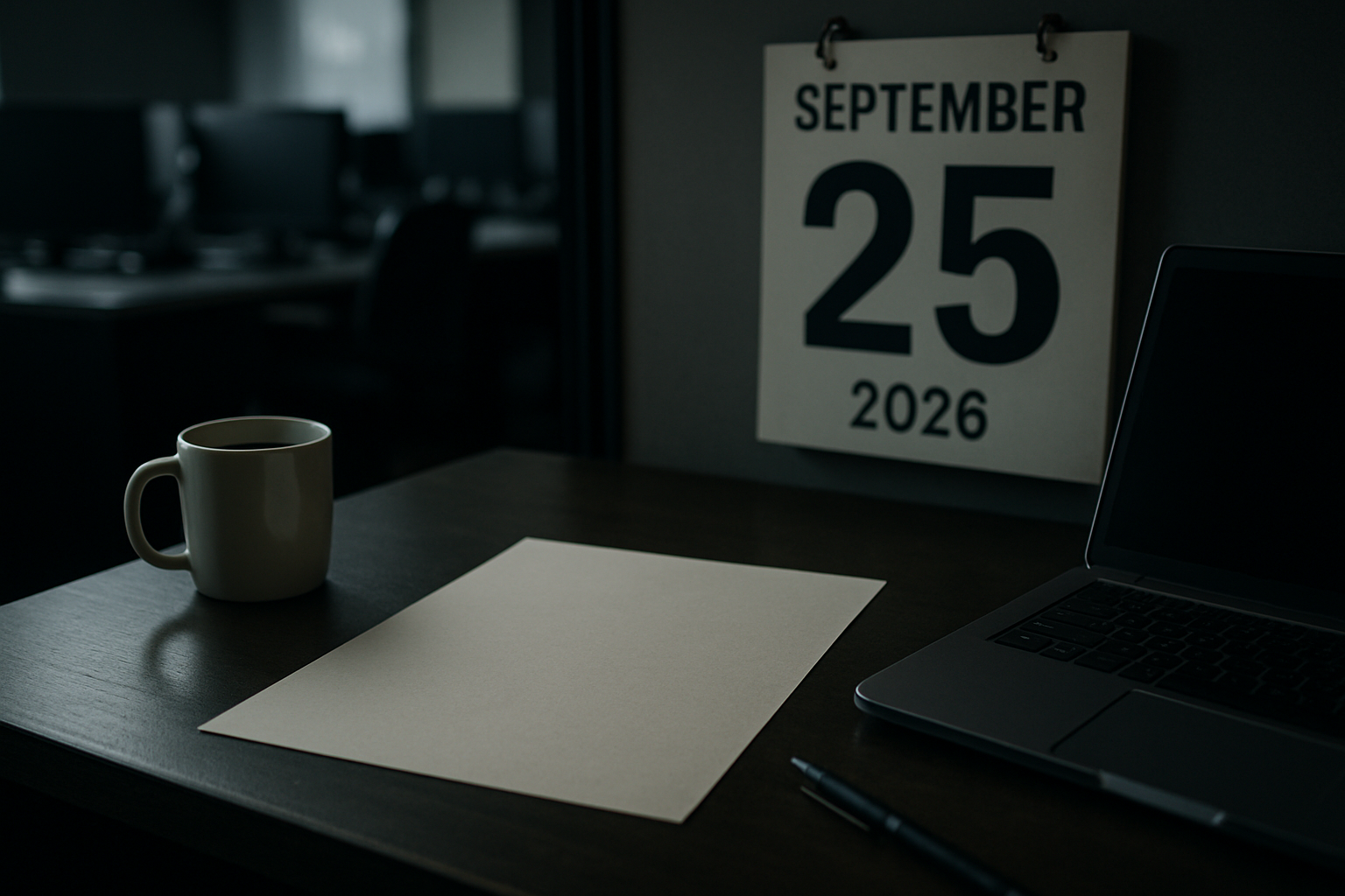 Empty newsroom desk with calendar showing September 25 2026