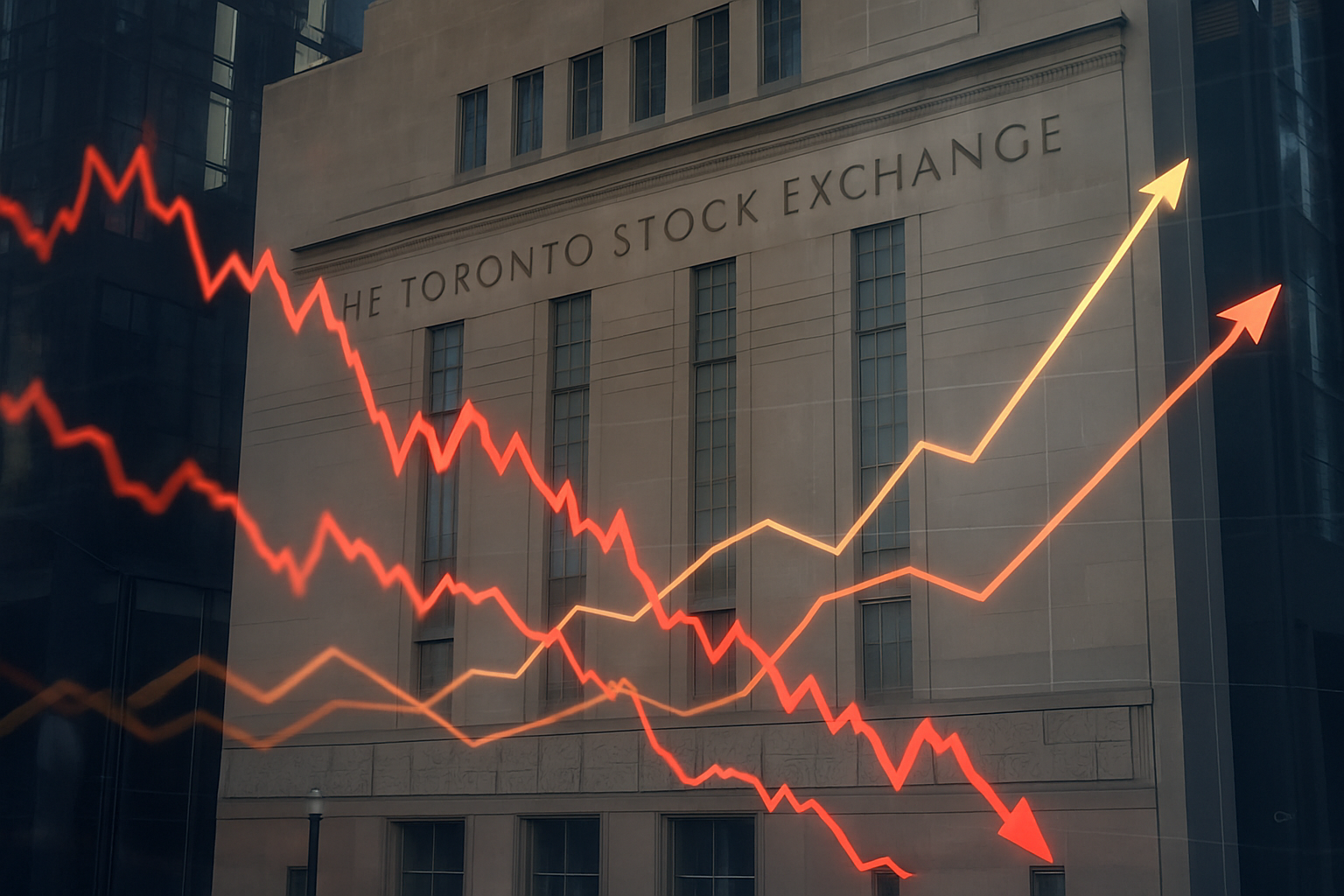 Toronto stock exchange building with market data screens