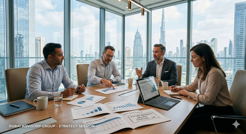 Business consultants reviewing company performance and discussing future growth opportunities.